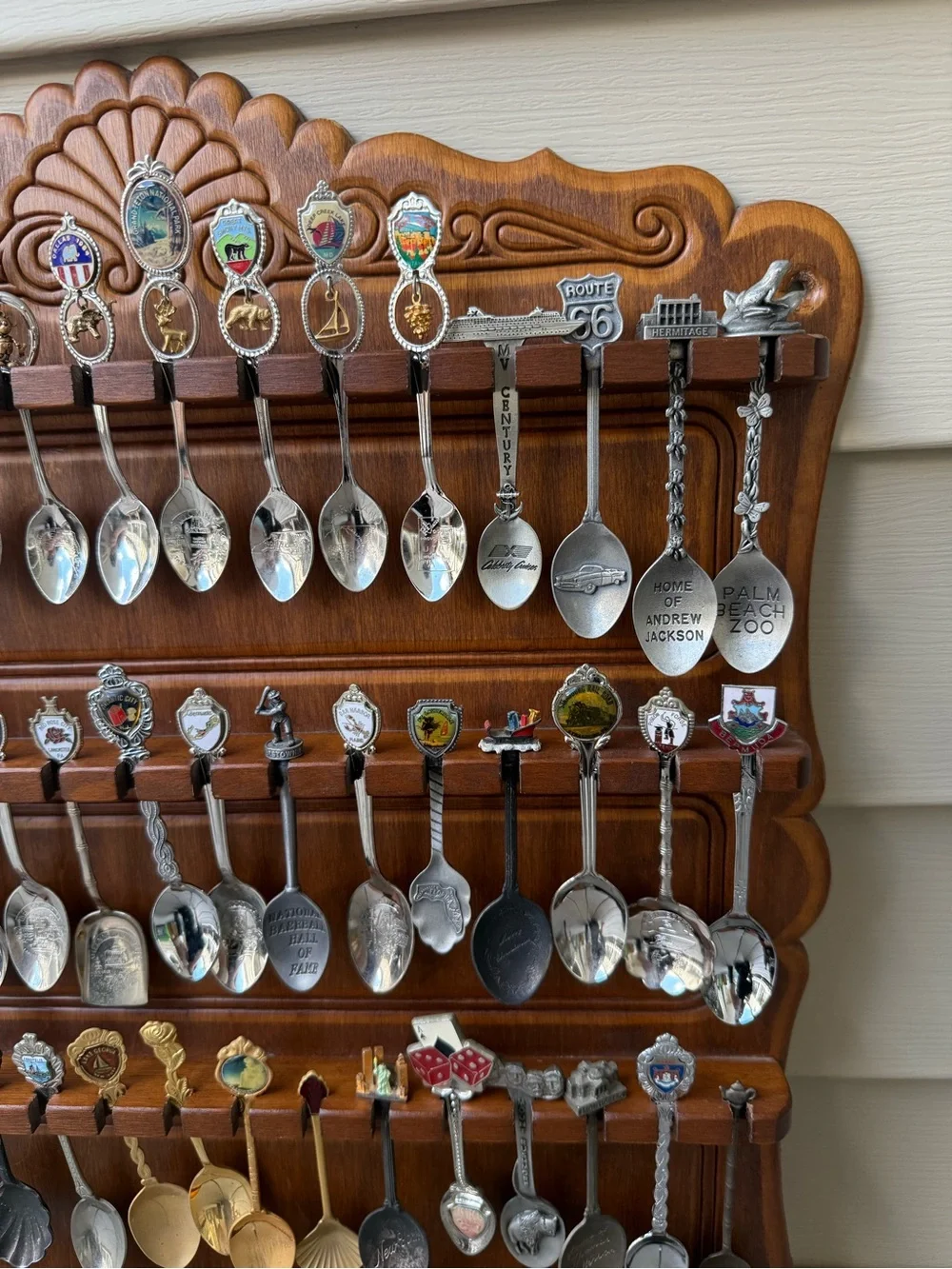 64 Vintage & Collectible Souvenir Travel Spoons + Wooden Display Rack